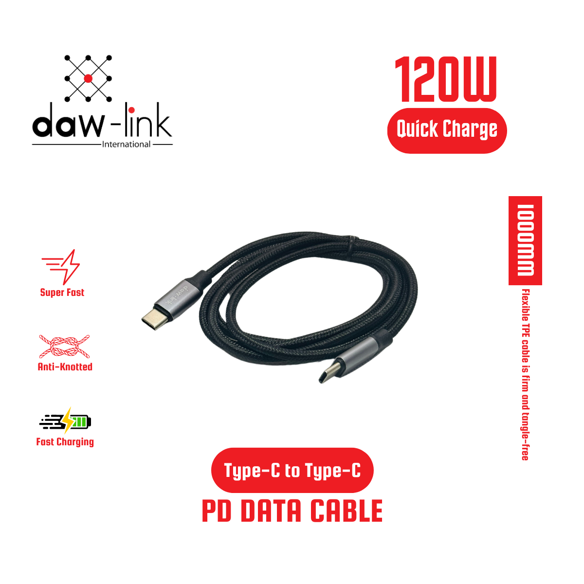 Daw-Link PD Data Cable – 120W, 1M, Tangle-Free