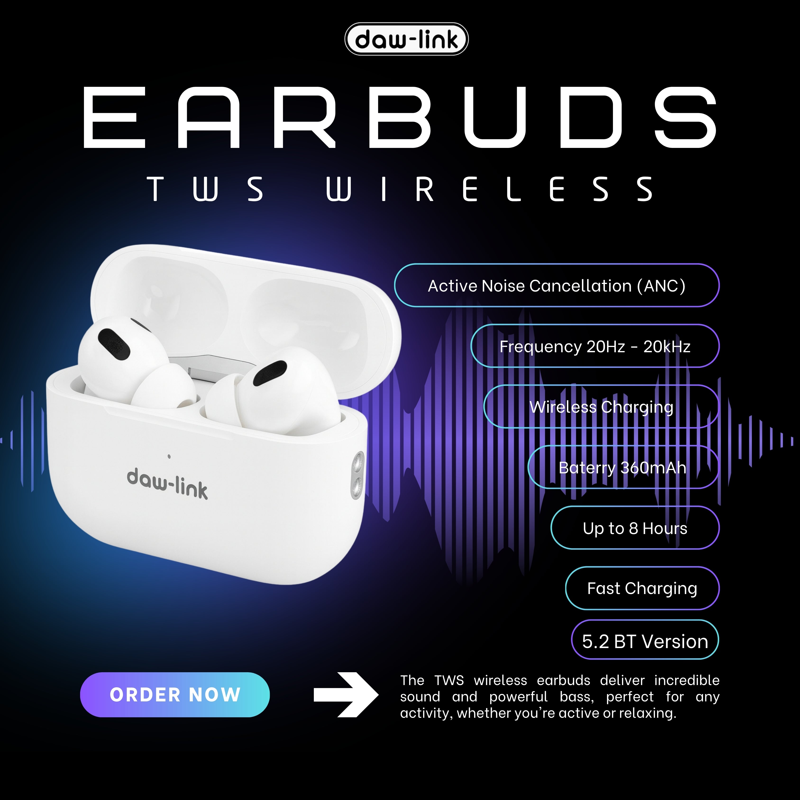 Daw-link TWS wireless earbuds with charging case on a dark background