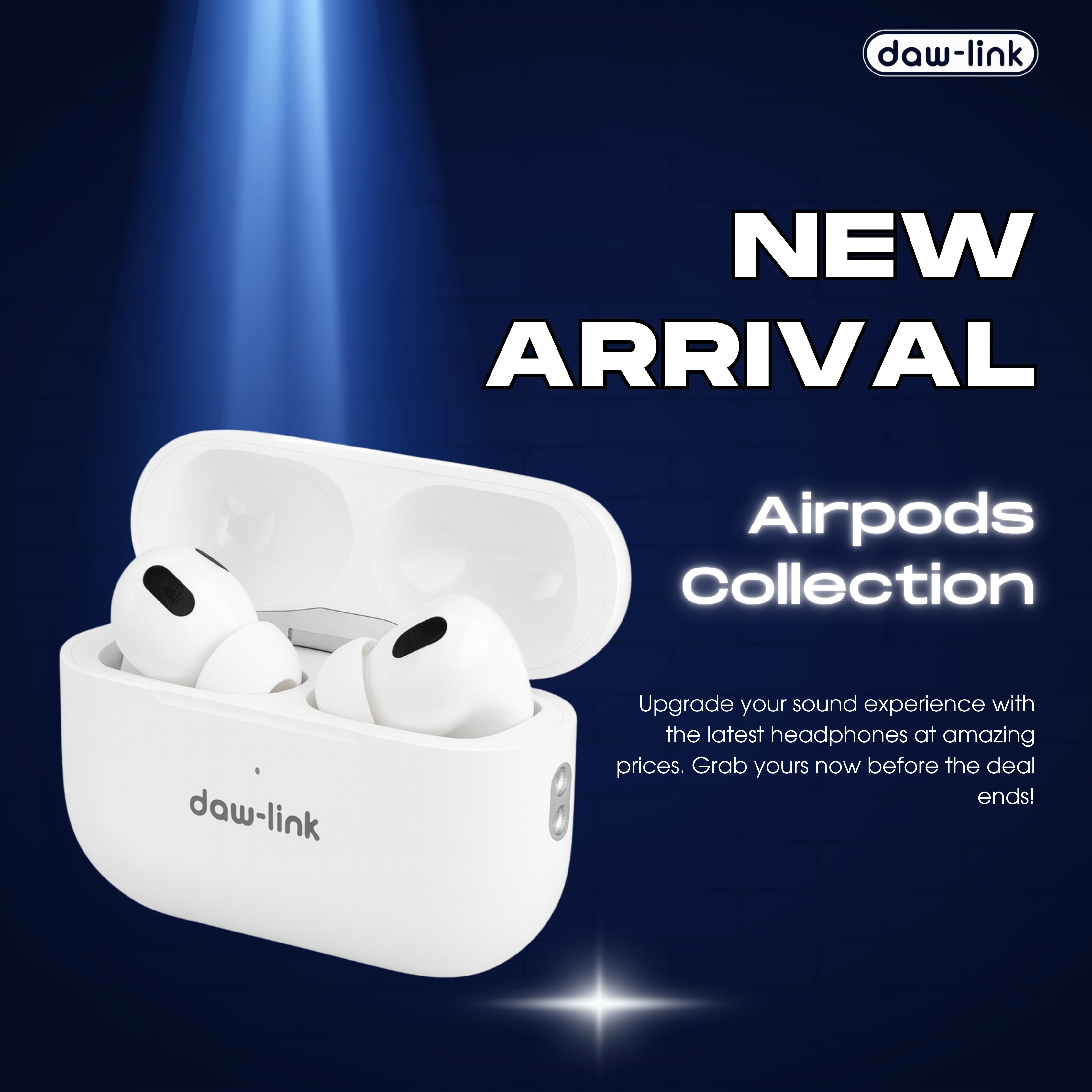 White wireless earbuds in a charging case with 'daw-link' branding on a dark blue background.