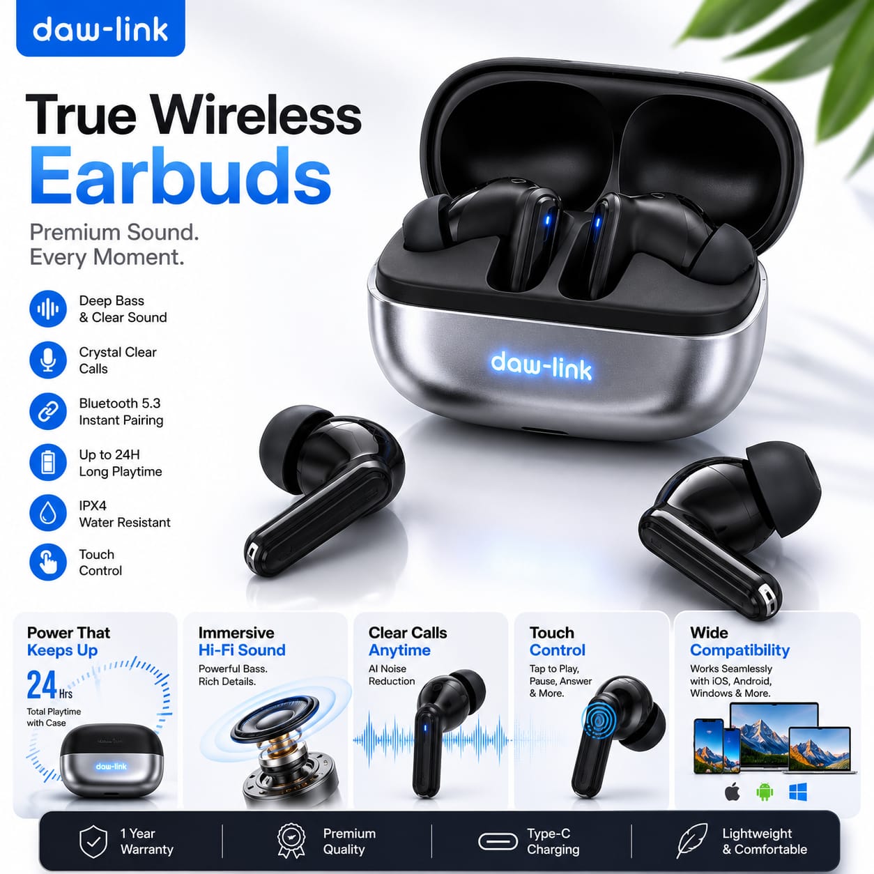 Daw-Link True Wireless Earbuds with Bluetooth 5.3, Deep Bass & 24H Playtime